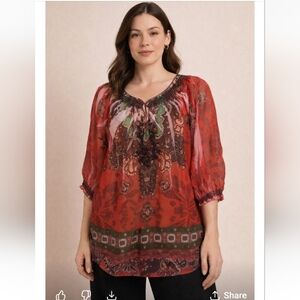 Lane Bryant Boho Sheer Red & Green Print Blouse | Size 22/24